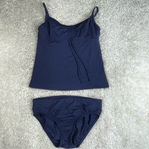 Lands End Tankini Set Navy Blue Sz 8 Cinch Ruched Vacation Beach Cruise Swim